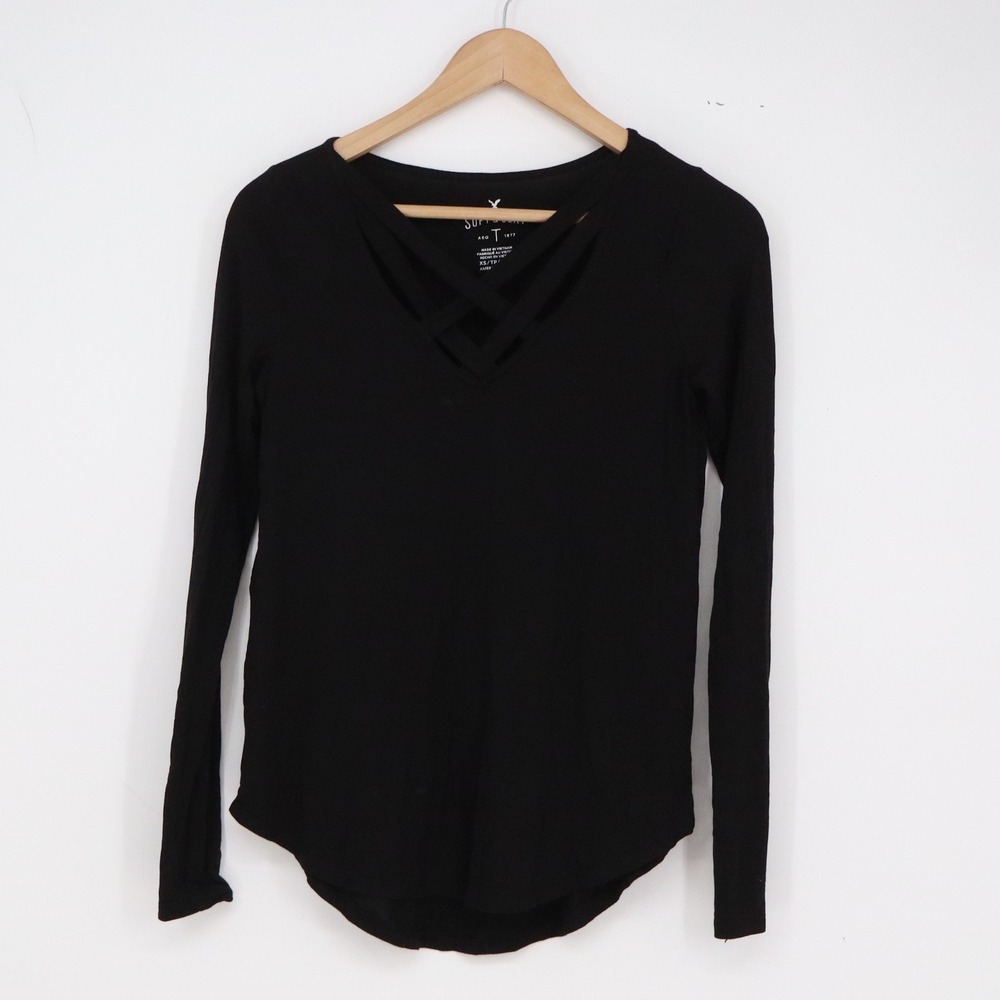American Eagle Top Womens XS Soft & Sexy Strappy V-Neck Black Long Sleeve Good